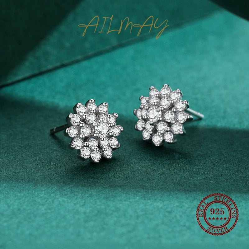 925 Sterling Silver Full CZ Snowflake Stud Earrings for Women