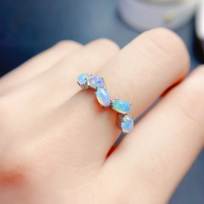 925 Sterling Silver Natural Opal Band Ring Set for Women