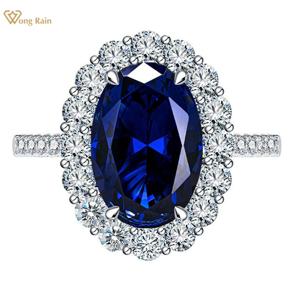 Wong Rain Classic 925 Sterling Silver Oval Cut 8*12 MM Sapphire Gemstone Ring For Women Fine Jewelry Wedding Engagement Gifts