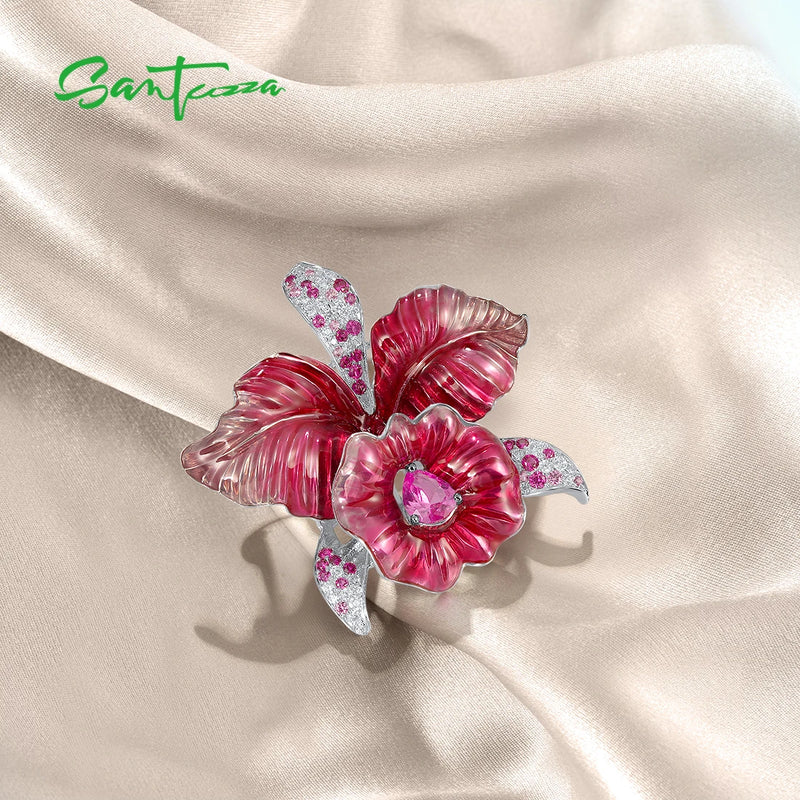 925 Sterling Silver Created Pink Sapphire Red Flower Brooch with Enamel