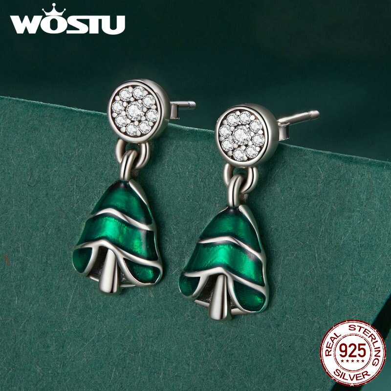 925 Sterling Silver Reindeer and Christmas Tree Drop Earrings for Women