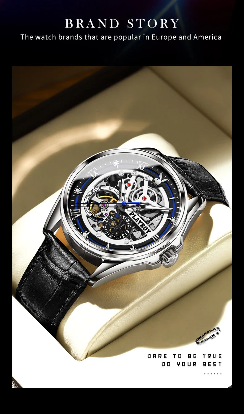 Stainless Steel Skeleton Automatic Mechanical Watch for Men