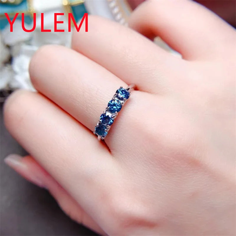 925 Sterling Silver Blue Moissanite Band Ring for Women