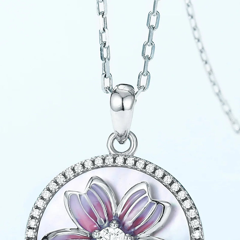 925 Sterling Silver Zircon Enamel Flower Pendant Necklace for Women