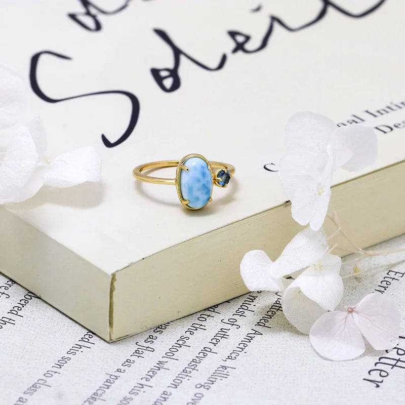 925 Sterling Silver Light Gold Plated Larimar Topaz Ring for Women