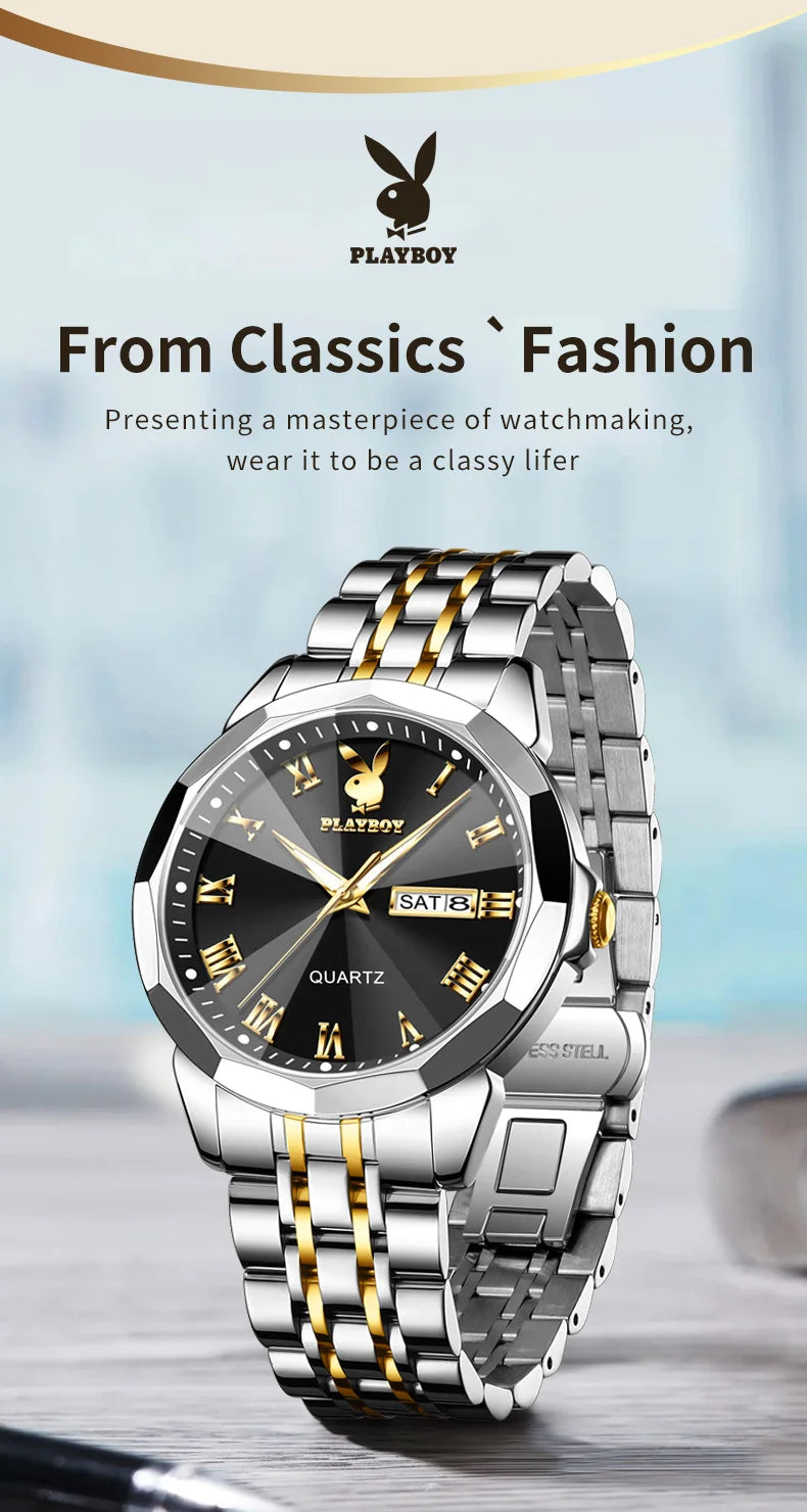 Stainless Steel Luxury Quartz Watch with Calendar and Luminous Features for Men