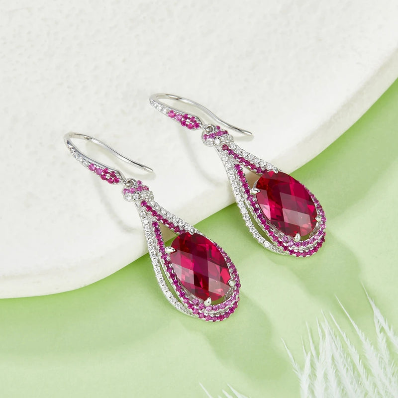 925 Sterling Silver Oval Cut 9 CT Sapphire Ruby & Diamond Water Drop Earrings for Her