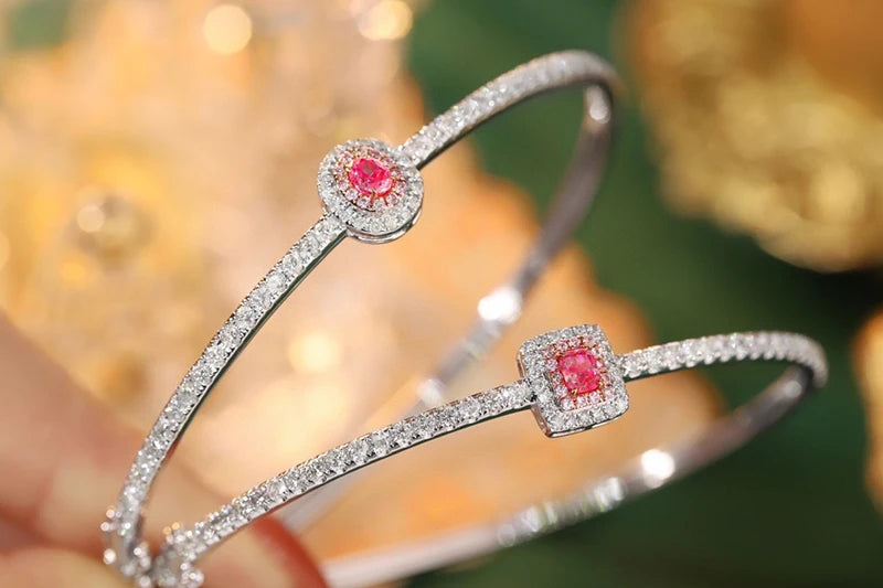 18K White Gold Bangle with Pink Diamond, Geometric Design for Women