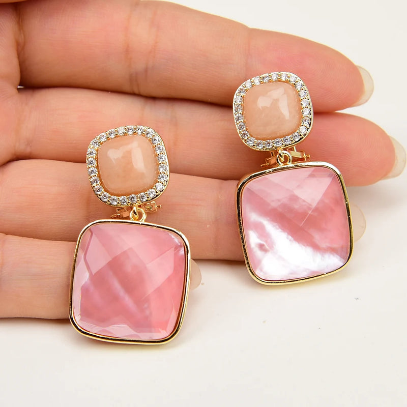 Sterling Silver Natural Pink Sea Shell Pearl & Pink Aventurine CZ Square Drop Earrings for Women