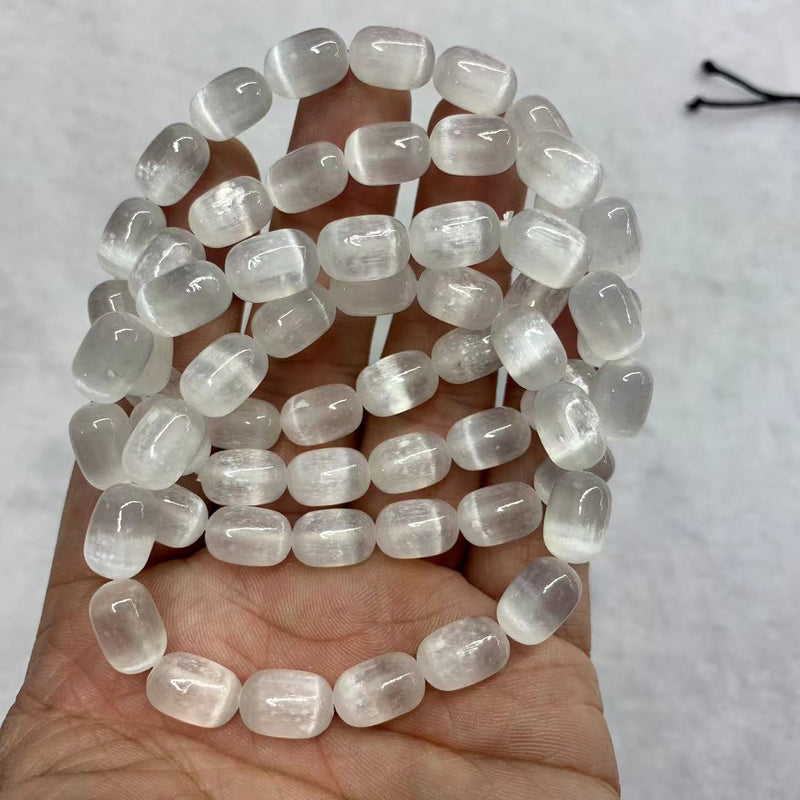 Sterling Silver Natural White Calcite / Selenite Stone Beads Cat Eye Bracelet for Women