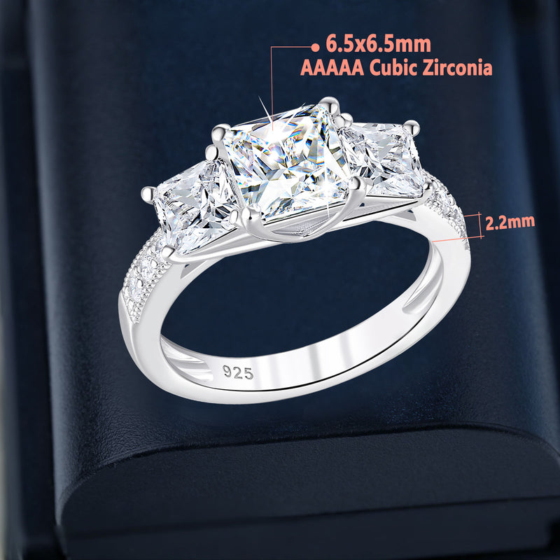 925 Sterling Silver Three-Stone Princess Cut Cubic Zirconia Engagement Ring for Women