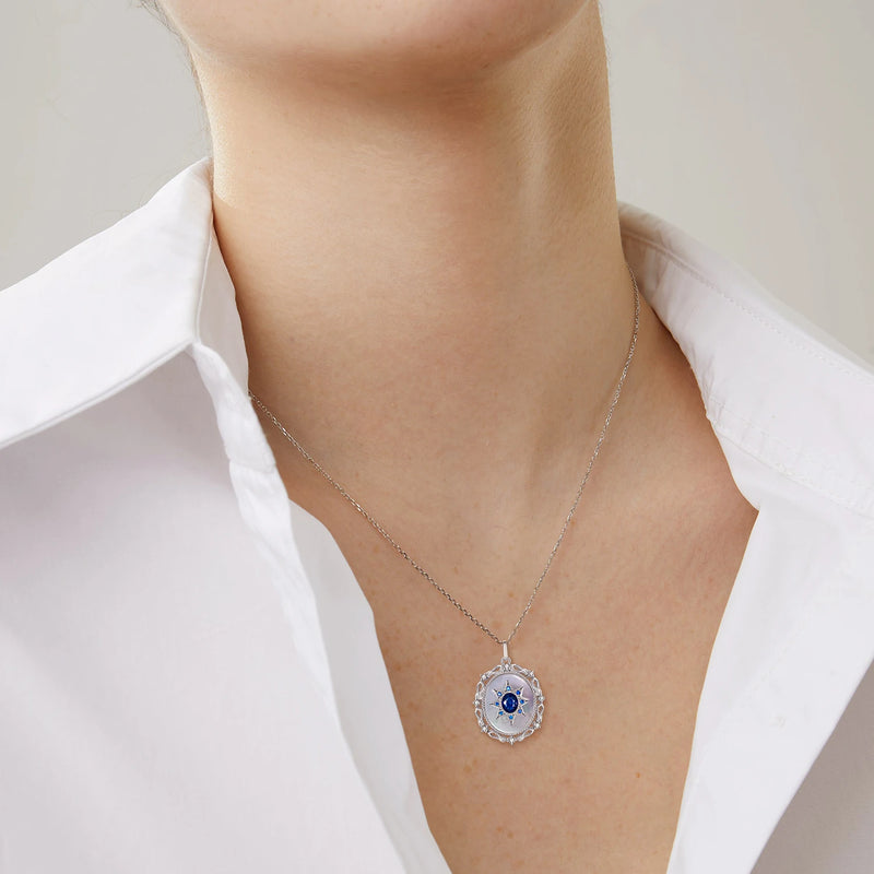 Sterling Silver Natural Sapphire Round Pendant Necklace for Women