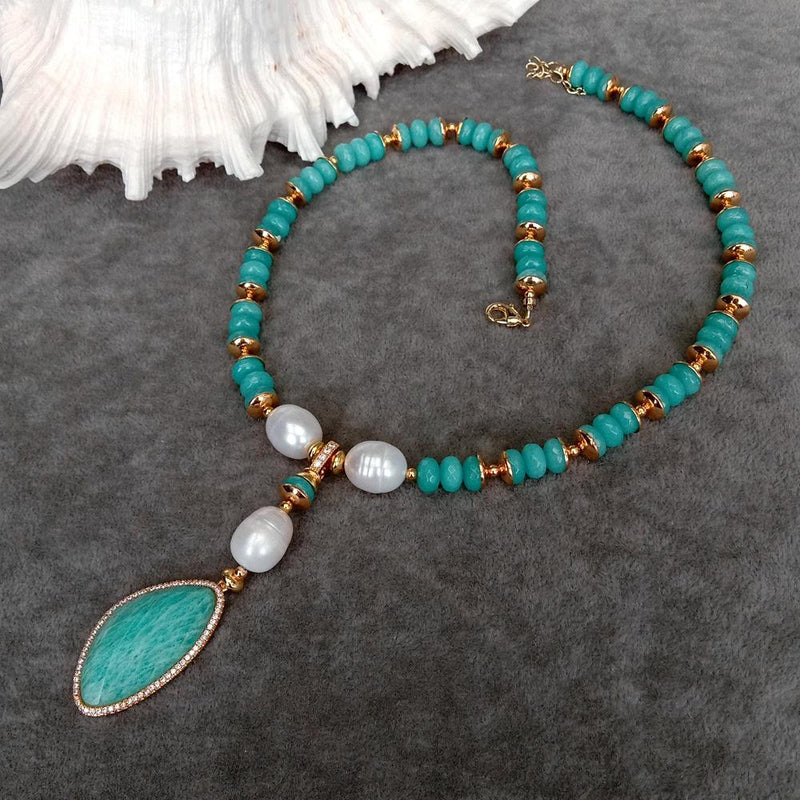 Sterling Silver Green Jade & White Rice Pearl Amazonite Pendant Necklace for Her