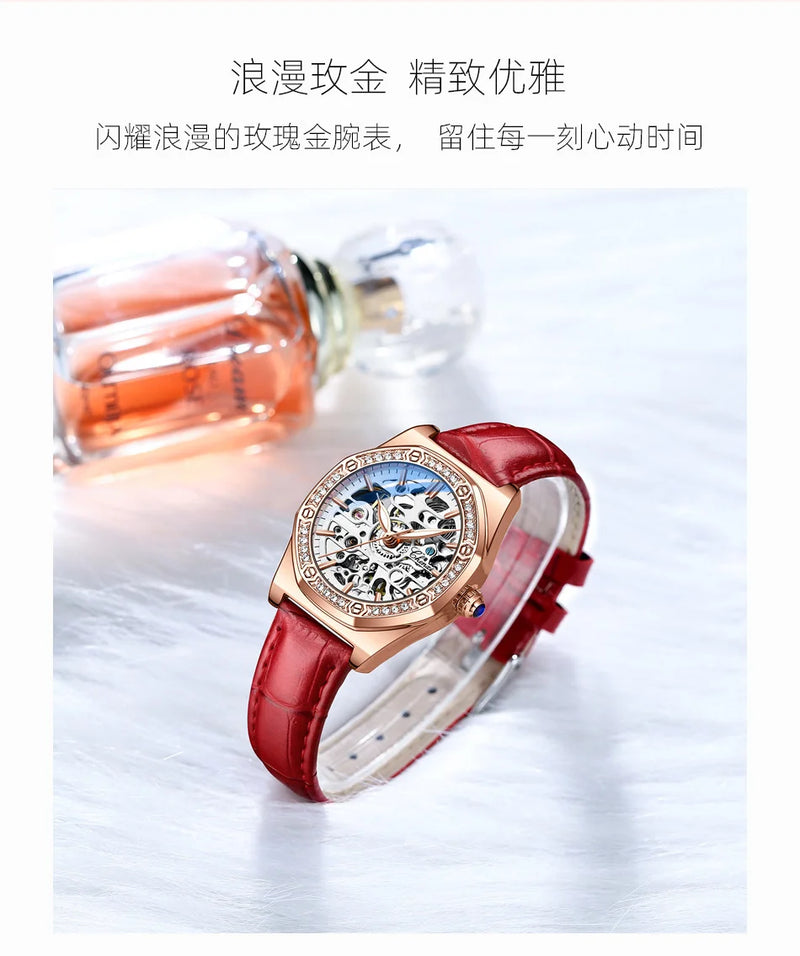 Gold Hollowed Automatic Waterproof Night Watch for Ladies