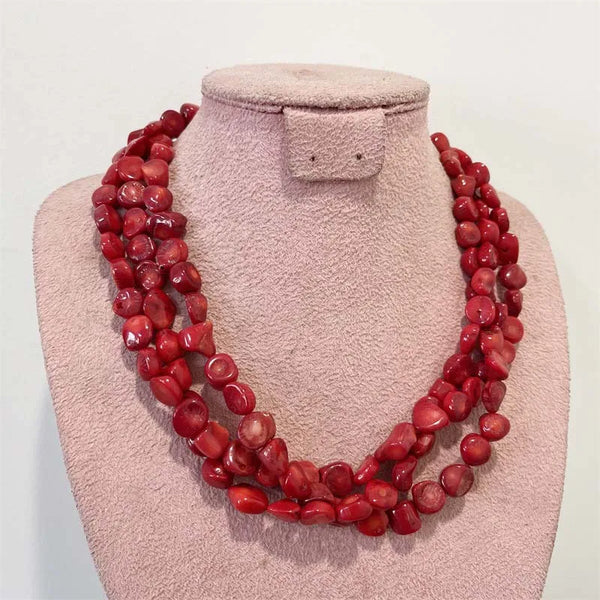 Gold Vermeil Red Coral Necklace with 3 Irregular Layers, Geometric Design for Women