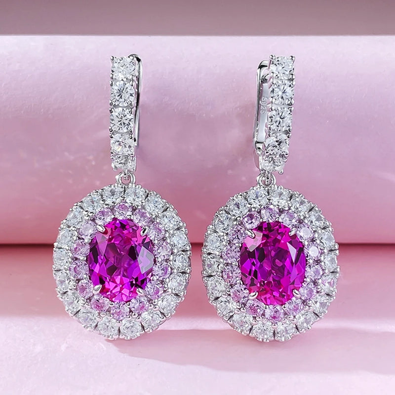 Sterling Silver Oval Lab Sapphire Diamond Earrings for Women