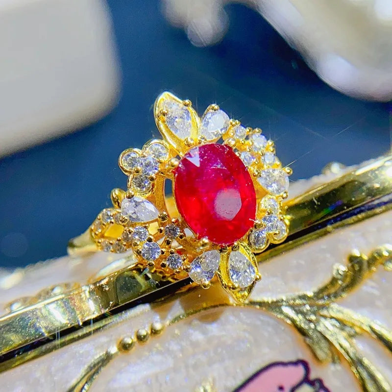 925 Sterling Silver 18K Yellow Gold Pigeon Blood Ruby Ring for Women