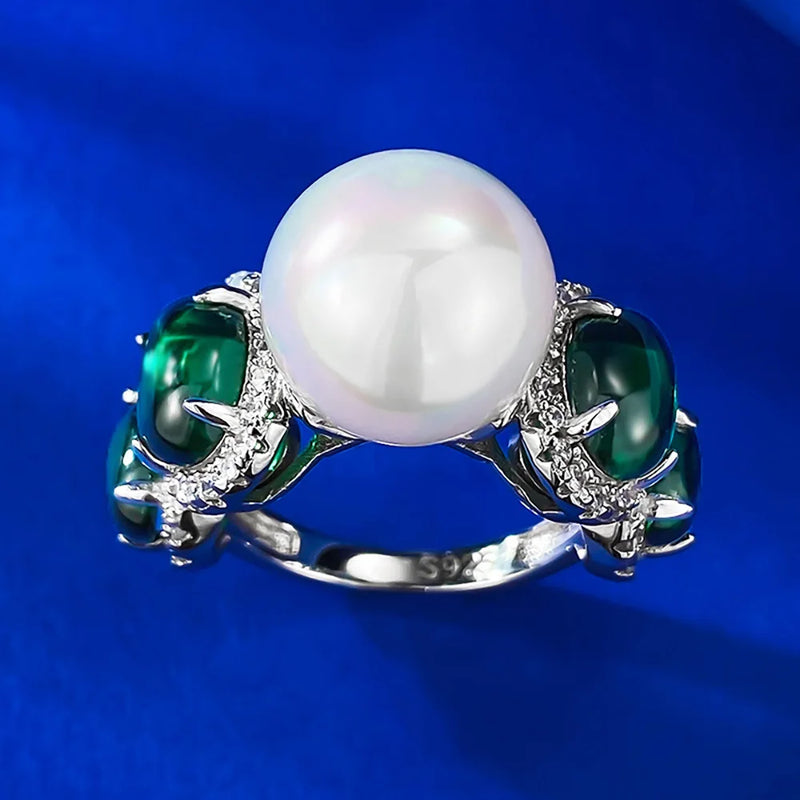 Solid 925 Silver Round Pearl & Emerald Ring for Women