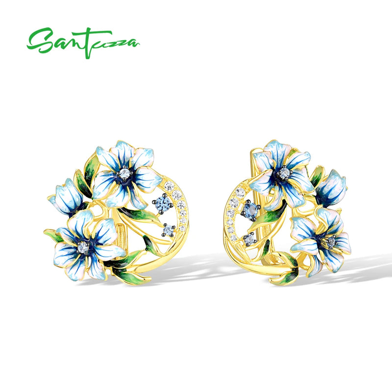 Sterling Silver Spinel Enamel Flower Earrings and Pendant Set for Women