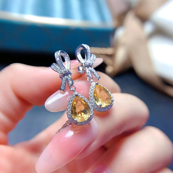 925 Silver Citrine Water Drop Earrings for Women