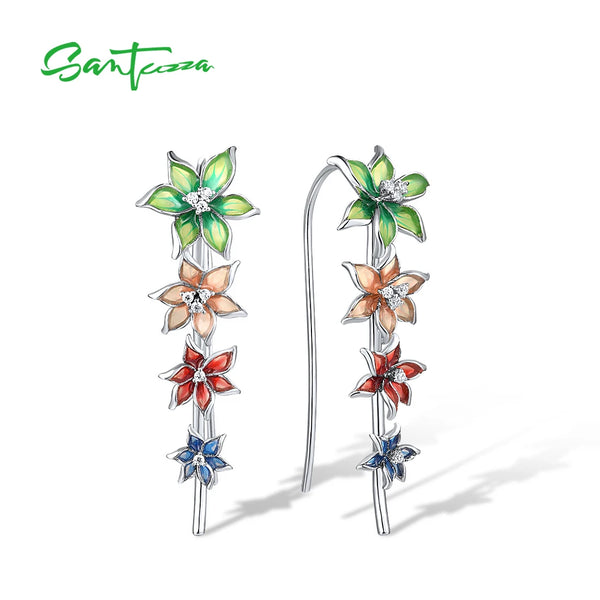 Sterling Silver Multi-Color Enamel Flower Climber Earrings for Women