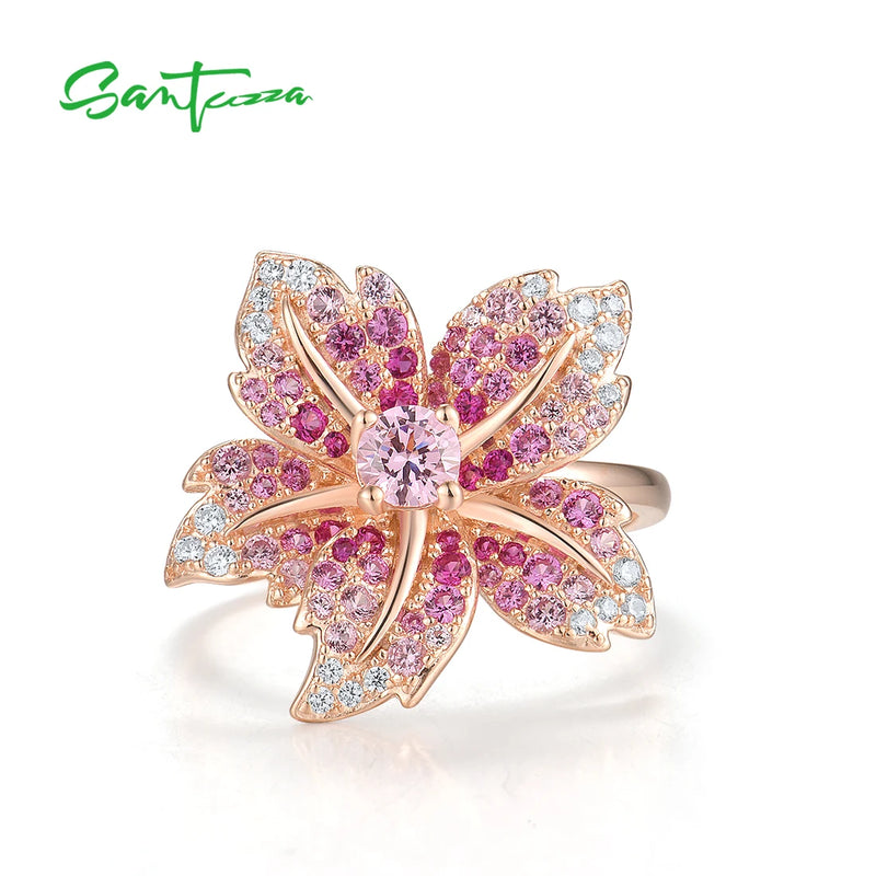 Sterling Silver Blue Pink Stone & CZ Lily Floral Ring for Women