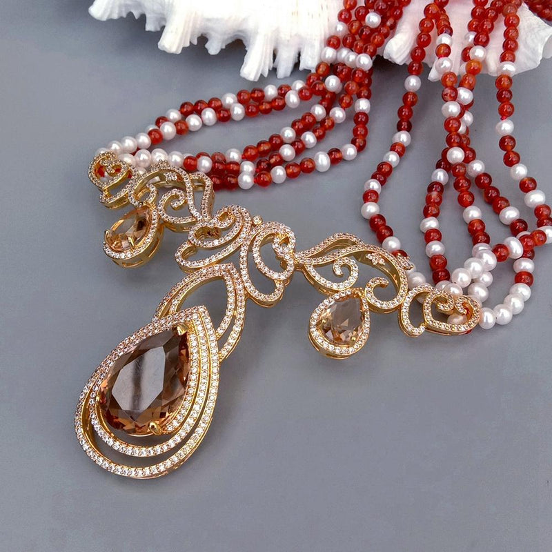 Y.YING 5 Rows Cultured White Pearl Red Agate Statement Necklace Cz Pave Big Pendant