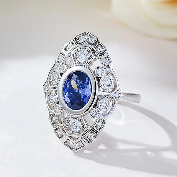 925 Sterling Silver Oval Cut Sapphire Ring for Women