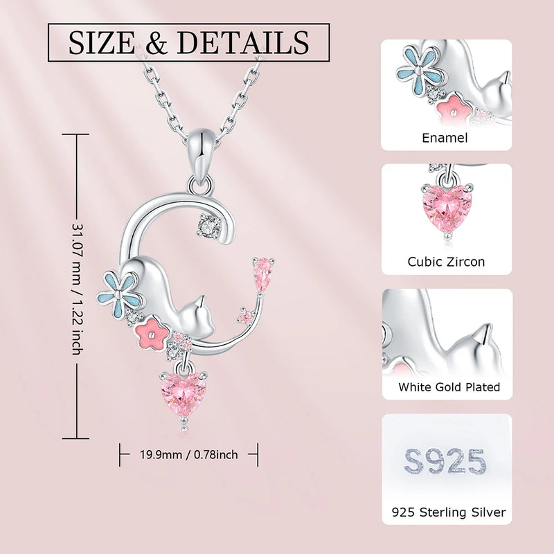 Sterling Silver Heart Moon Cat Pendant with Pink Zircon Necklace for Women