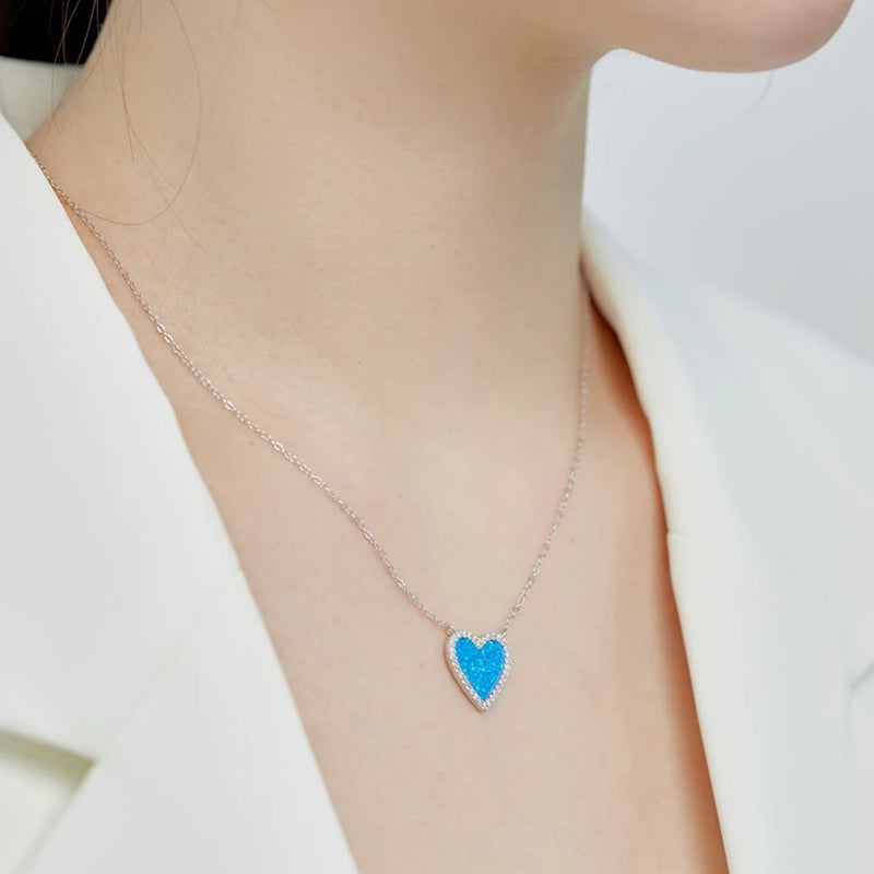 Sterling Silver Blue Opal Heart Necklace for Women