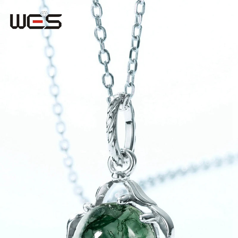 925 Sterling Silver Moss Agate Pendant Necklace for Woman