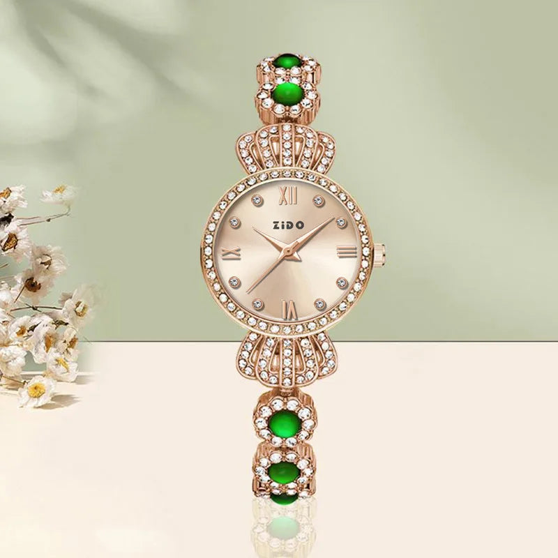 Malachite green simple small fashion all casual temperament light luxury inlaid diamond small crown women's watch