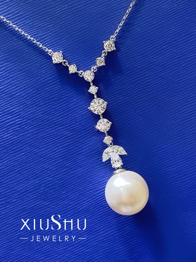 925 Sterling Silver Pearl Necklace with High Carbon Diamonds for Women