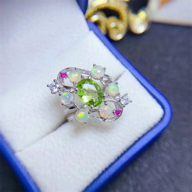 925 Sterling Silver Peridot Opal Ring, Korean Style, for Women