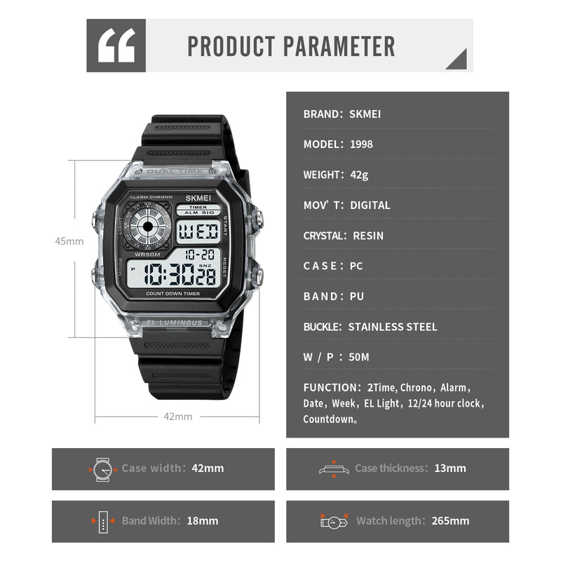 Stainless Steel Digital Sport Watch with Countdown Timer for Men