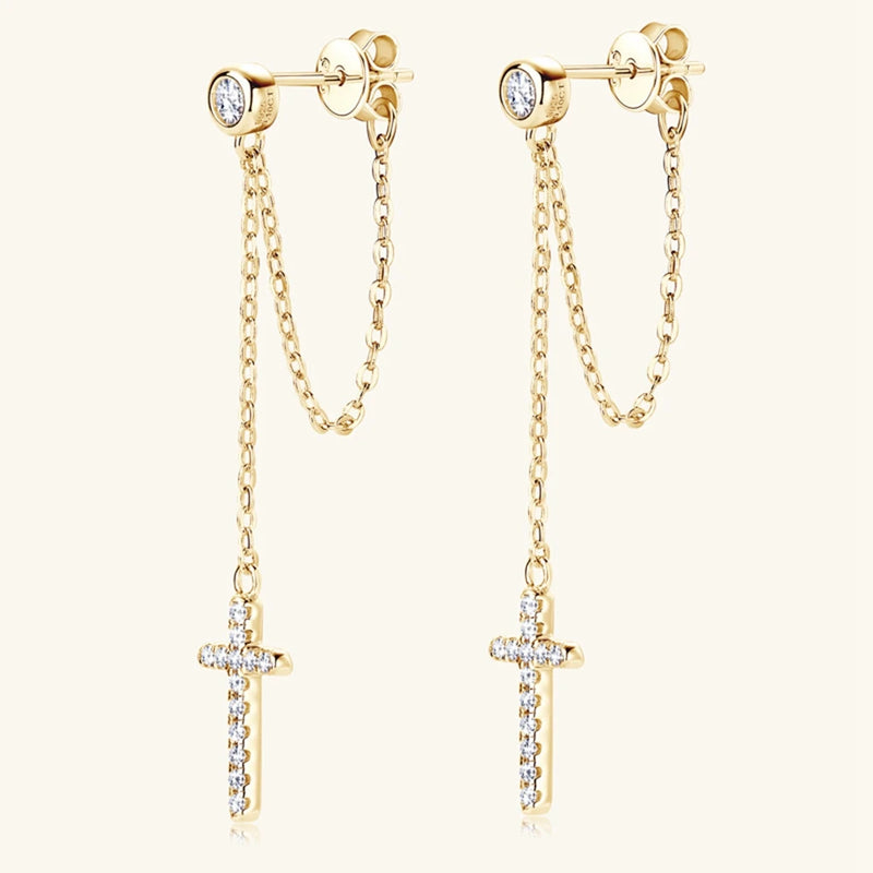 18K Gold Plated Sterling Silver VVS1 3EX Real Moissanite Cross Earrings for Women