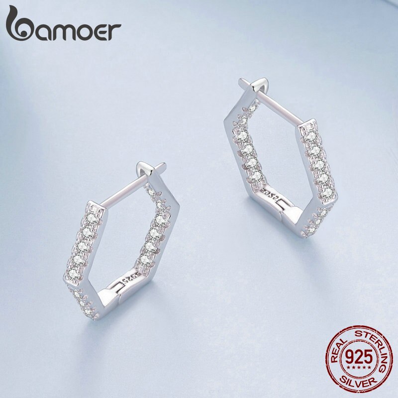 925 Sterling Silver Zircon Hexagonal Hoop Earrings for Women