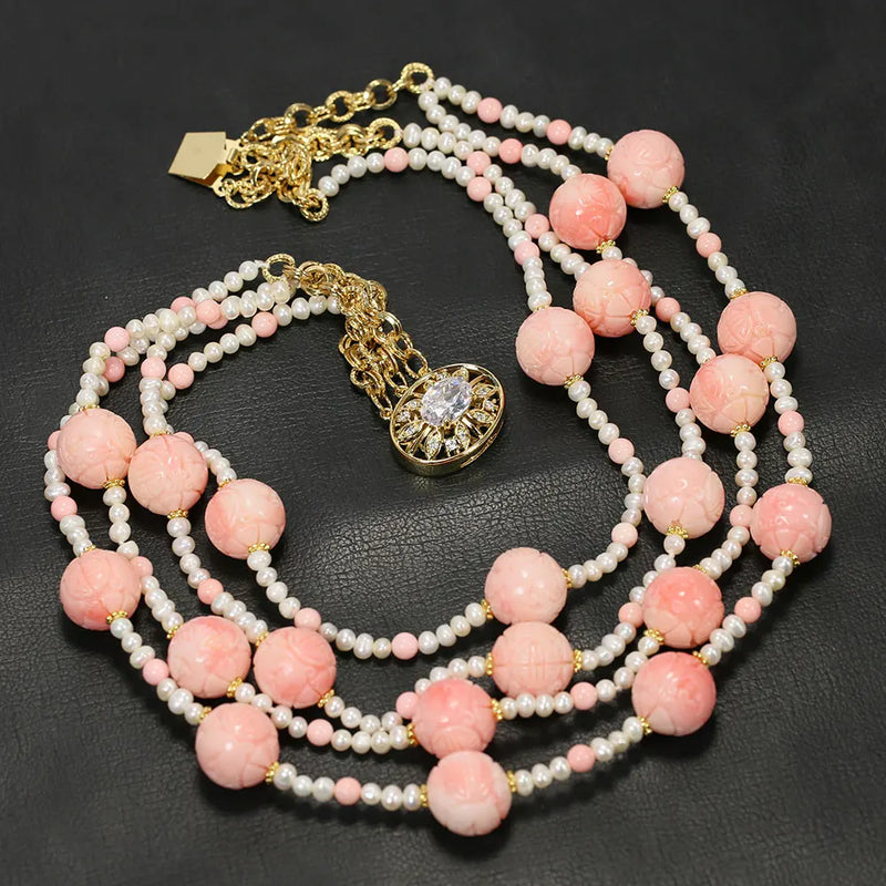 Sterling Silver Natural White Pearl Pink Coral Beaded Necklace Bracelet Earrings Sets for Lady