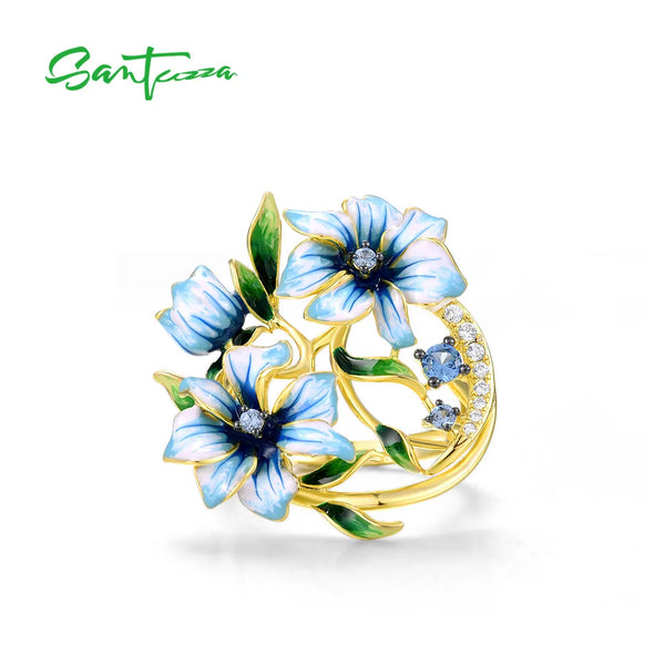 Sterling Silver Blue Spinel White CZ Enamel Flower Ring for Women