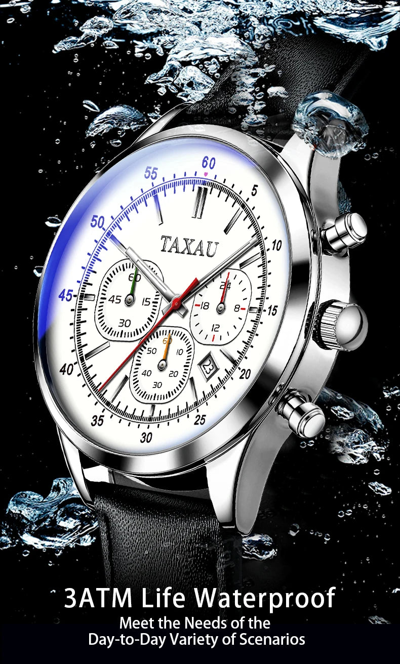 Stainless Steel Leather Strap Waterproof Quartz Watch for Men