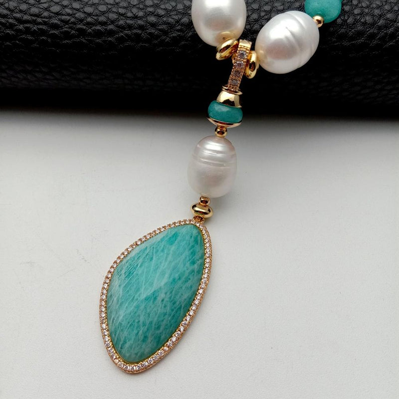 Y.YING Green Jade Cultured White Rice Pearl Necklace Natural Amazonite Pendant Gemstone Necklace