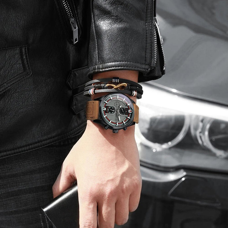 Stainless Steel Leather Strap Mechanical Watch with Date Display and Luminous Hands for Men