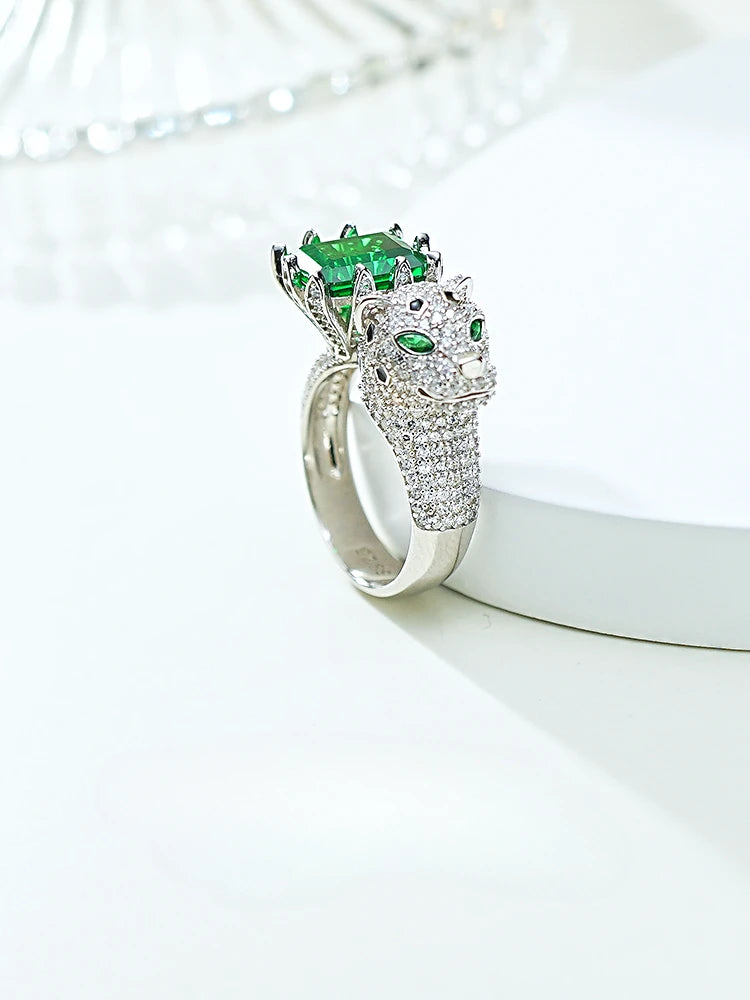 925 Sterling Silver Artificial Emerald and Diamond Leopard Ring Set for Women