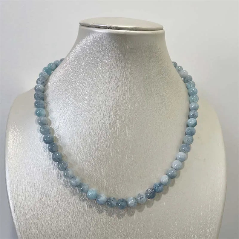 Silver Aquamarine Jade Beads Necklace - Healing Yoga - Simple - For Female