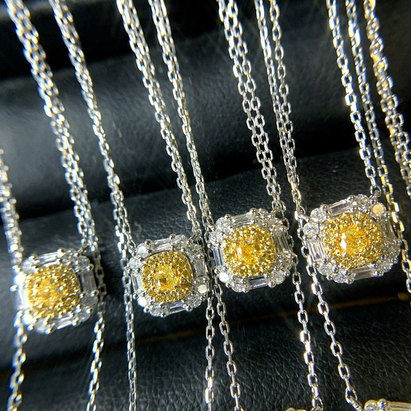 18K White Gold Yellow Diamond Square Pendant Necklace for Women
