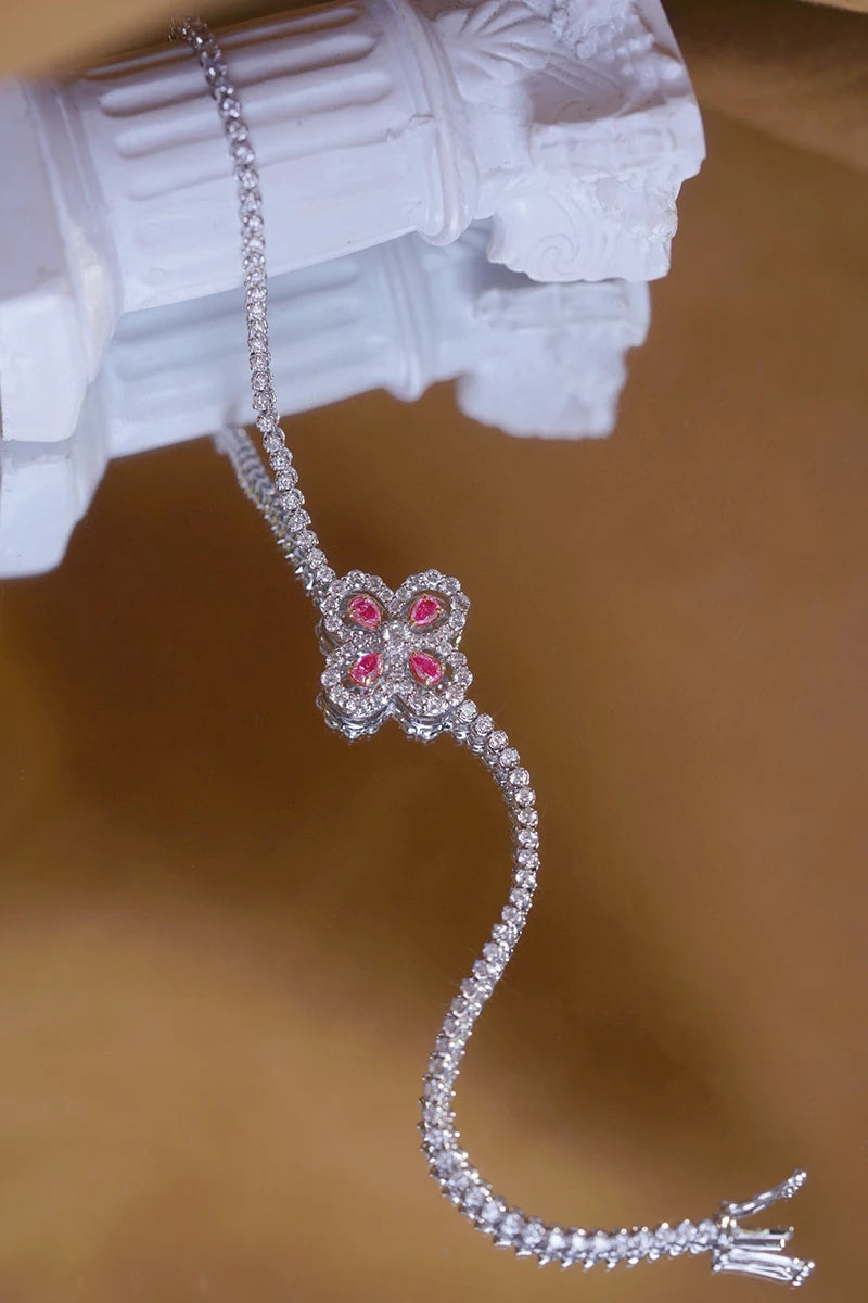 18K White Gold White & Pink Diamond Clover Bracelet for Women