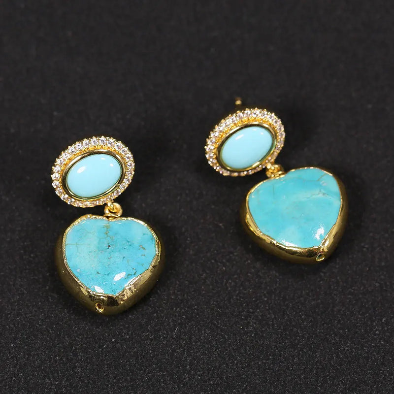 24K Gold Plated Turquoise Smooth Heart Stud Earrings for Women