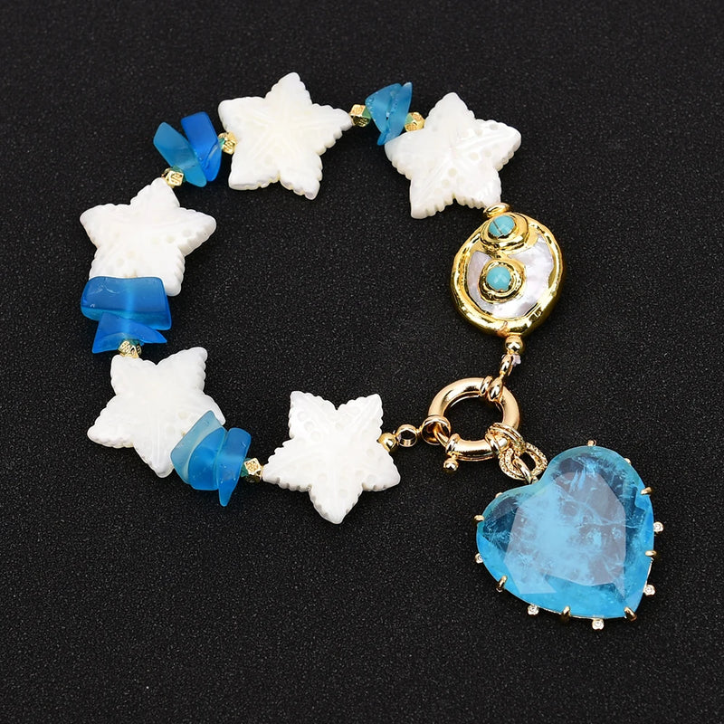 Gold Plated Bracelet with White Sea Shell, Freshwater Pearl, Starfish, Turquoise & Blue Quartz Pendant