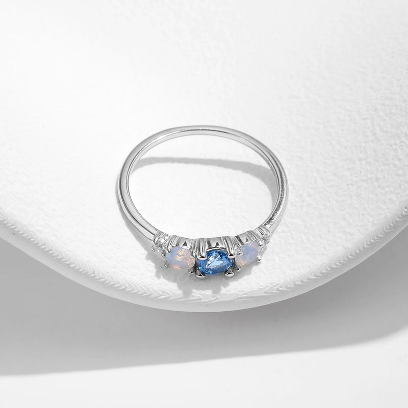 Sterling Silver Blue Opal Three Stone Ring for Women