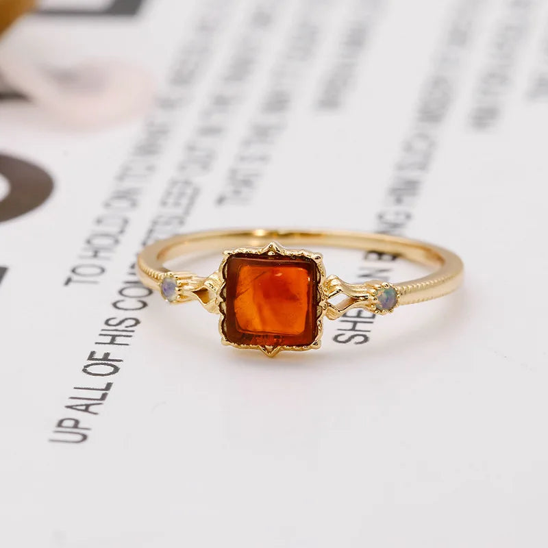 925 Sterling Silver Gold Vermeil Synthetic Amber Square Ring for Women